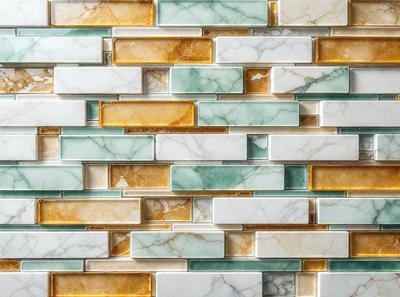 The primary subject of the image is a marble tile wall. The setting is a bathroom, as indicated by the presence of the marble tiles. The visual style is a close-up of the marble tiles, showcasing their intricate patterns and textures. The dominant colors are green and yellow, which are the colors of the marble tiles. The overall atmosphere is elegant and sophisticated, reflecting the luxurious and high-quality materials used in the bathroom.