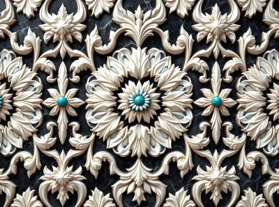 The primary subject of the image is a beautifully designed wallpaper with a floral pattern. The setting is a black background, which contrasts with the white and blue colors of the wallpaper. The visual style is a combination of digital art and illustration, creating a unique and intricate design. The colors and mood of the image are predominantly white, blue, and black, giving it a sophisticated and elegant appearance.