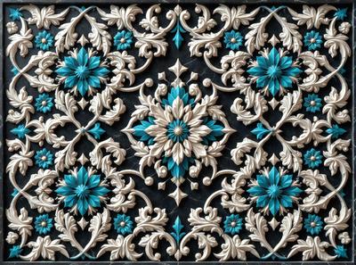 The primary subject of the image is a beautifully designed blue and white tile with intricate patterns. The tile features a floral design, giving it a vibrant and lively appearance. The setting is a wall, and the visual style is a close-up of the tile, showcasing its intricate details. The colors and mood of the image are predominantly blue and white, creating a serene and elegant atmosphere.