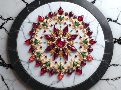The primary subject of the image is a decorative piece featuring a gold and red design. The setting is a white marble surface, which serves as the background for the artwork. The visual style appears to be a combination of digital art and illustration, creating a unique and intricate pattern. The colors in the image are predominantly gold and red, giving the piece a warm and vibrant atmosphere.