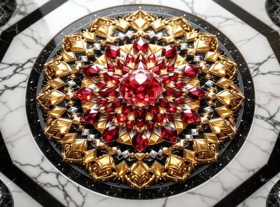 The primary subject of the image is a large, intricately designed, and colorful circular pattern. The pattern is made up of various shapes and colors, including red and gold. The setting is a white marble surface, which serves as the background for the pattern. The visual style of the image is a combination of digital art and illustration, creating a unique and eye-catching design. The colors and mood of the image are vibrant and lively, with the red and gold hues adding a sense of warmth