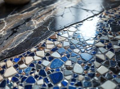The primary subject of the image is a mosaic tile tabletop. The setting is a room with a window, and the visual style is a combination of photo and digital art. The colors and mood of the image are predominantly blue and white, creating a calm and serene atmosphere.