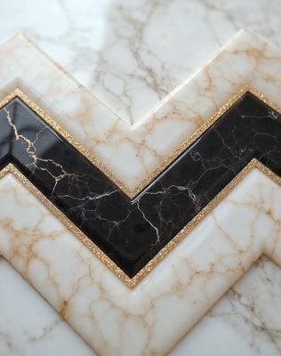 The primary subject of the image is a decorative piece featuring a black and gold design. The setting is a white marble surface, which serves as the background for the piece. The visual style of the image is a close-up of the decorative piece, showcasing its intricate details. The colors and mood of the image are predominantly black and gold, giving it an elegant and sophisticated appearance.