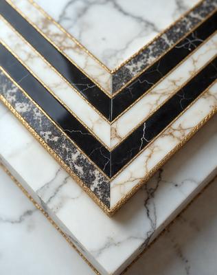 The primary subject of the image is a marble table with a black and white marble design. The table is set on a white marble surface, which creates a contrasting effect. The visual style of the image is a close-up of the marble table, showcasing the intricate design and texture of the marble. The colors and mood of the image are predominantly black and white, giving it a classic and elegant appearance.