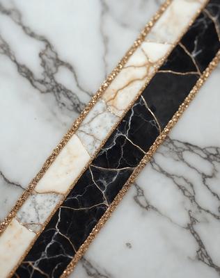 The primary subject of the image is a marble table with a gold strip on it. The setting is a marble countertop, and the visual style is a close-up of the table. The colors and mood of the image are predominantly white and gold, giving it a luxurious and elegant appearance.