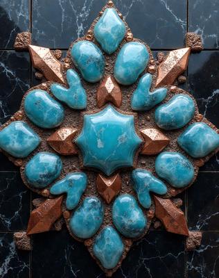 The primary subject of the image is a decorative piece made of blue and green stones, likely a mosaic or a carved design. The setting is a wall, and the visual style appears to be a combination of digital art and illustration. The dominant colors in the image are blue and green, creating a serene and calming atmosphere.