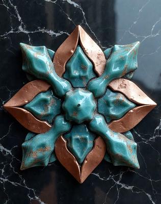 The primary subject of the image is a decorative piece made of blue and gold materials. The setting is a black marble surface, which serves as the background for the artwork. The visual style appears to be a combination of digital art and illustration, as the piece is intricately designed and features a mix of colors. The dominant colors are blue and gold, creating a sense of elegance and sophistication.