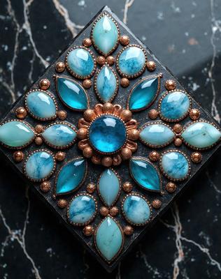 The primary subject of the image is a decorative piece featuring a blue gemstone in the center, surrounded by various blue and green gems. The setting is a black background, which contrasts with the vibrant colors of the gems. The visual style appears to be a combination of digital art and illustration, creating a unique and eye-catching design. The overall atmosphere is elegant and sophisticated, with the blue and green gems evoking a sense of tranquility and beauty.