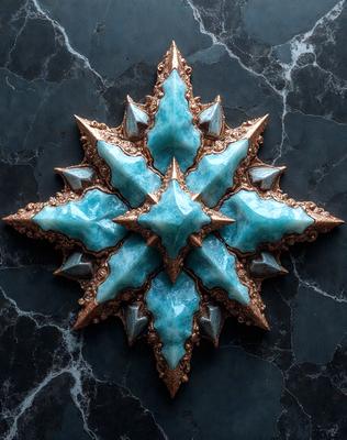 The primary subject of the image is a decorative piece featuring a blue star with a gold center. The setting is a black marble surface, which serves as the background. The visual style is a combination of digital art and illustration, creating a unique and eye-catching design. The dominant colors are blue and gold, giving the piece a striking and elegant appearance.