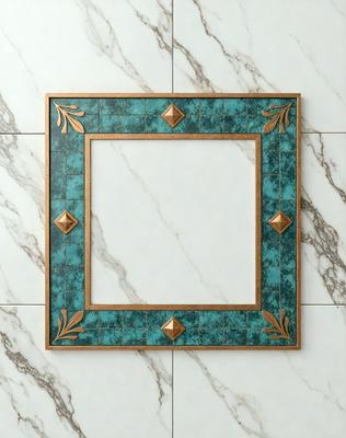 The primary subject of the image is a decorative tile with a blue and green color scheme. The tile features a square frame with a gold border, and it is mounted on a marble wall. The setting is a bathroom, as indicated by the presence of the marble wall. The visual style of the image is a close-up of the tile, showcasing its intricate design and craftsmanship. The colors and mood of the image are elegant and sophisticated, with the blue and green tones creating
