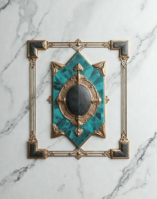 The primary subject of the image is a decorative piece featuring a green and gold frame. The setting is a marble surface, which serves as the background. The visual style is a combination of digital art and illustration, creating a unique and intricate design. The colors and mood of the image are predominantly green and gold, giving it a warm and elegant appearance.