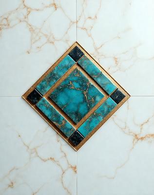 The primary subject of the image is a blue and gold tile on a marble wall. The tile is square-shaped and features a blue background with gold accents. The setting is a bathroom, as indicated by the marble wall. The visual style is a close-up of the tile, showcasing its intricate design. The colors and mood of the image are predominantly blue and gold, creating a luxurious and elegant atmosphere.