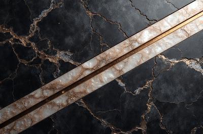 The primary subject of the image is a pair of gold and white marble strips. The setting is a black marble countertop, and the visual style is a close-up of the marble strips. The colors and mood of the image are predominantly black and white, with the gold and white marble strips adding a touch of elegance and sophistication to the scene.
