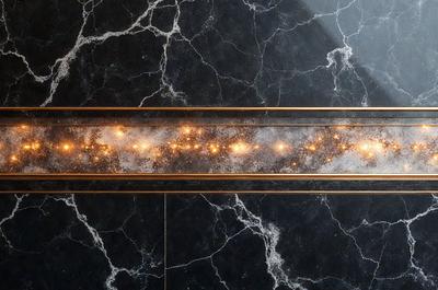 The primary subject of the image is a long, narrow strip of light that is illuminating a marble surface. The setting is a black and white marble countertop, and the visual style appears to be a photo. The colors and mood of the image are predominantly black and white, giving it a classic and elegant appearance.
