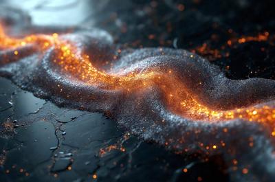 The primary subject of the image is a close-up of a sparkling, glowing substance, possibly a powder or a liquid, with a vibrant orange hue. The setting appears to be a dark surface, possibly a countertop or a table, with a black background. The visual style of the image is a combination of a photo and digital art, creating a unique and captivating appearance. The colors and mood of the image are energetic and luminous, with the orange hue evoking