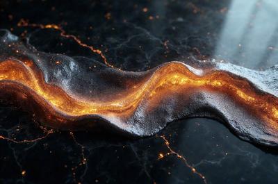 The primary subject of the image is a piece of metal, possibly a piece of a sculpture, with a glowing orange light emanating from it. The setting is a black surface, possibly a table or countertop, where the metal piece is placed. The visual style appears to be a combination of a photo and digital art, as the metal piece has a unique and artistic appearance. The colors and mood of the image are predominantly dark and mysterious, with the orange glow adding a touch of warmth and
