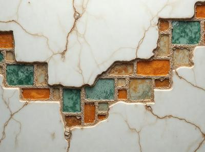 The primary subject of the image is a marble tile with a mosaic pattern. The setting is a white marble wall, and the visual style is a close-up of the tile. The colors and mood of the image are predominantly white and neutral, with the marble tile adding a touch of warmth and texture to the scene.