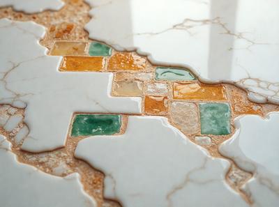 The primary subject of the image is a marble table with a mosaic pattern on it. The table is white and features a pattern of green, yellow, and orange tiles. The setting is a room with a window, and the visual style is a close-up of the table. The colors and mood of the image are warm and inviting, with the vibrant colors of the mosaic pattern creating a lively atmosphere.
