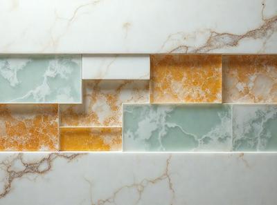 The primary subject of the image is a marble wall with a pattern of different colors. The setting is a white wall, and the visual style appears to be a combination of a photo and digital art. The dominant colors are yellow, green, and white, creating a warm and inviting atmosphere.