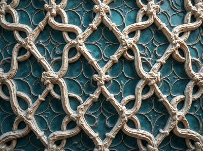 The primary subject of the image is a decorative wall with a blue and white color scheme. The setting is a room with a blue and white patterned wall, which adds a unique and artistic touch to the space. The visual style of the image is a close-up of the wall, showcasing the intricate design and patterns. The colors and mood of the image are predominantly blue and white, creating a calm and serene atmosphere.