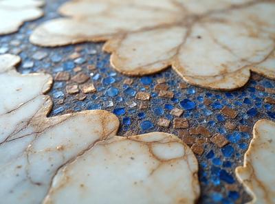 The primary subject of the image is a white tile with a blue background. The tile features a pattern of white flowers and blue leaves, giving it a unique and artistic appearance. The visual style of the image is a combination of photo and digital art, creating a vibrant and eye-catching design. The colors and mood of the image are predominantly white and blue, with a touch of green from the leaves, giving it a clean and fresh atmosphere.