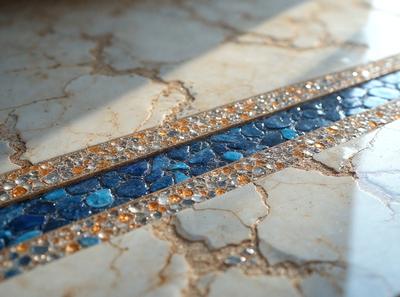 The primary subject of the image is a blue and orange striped tile. The setting is a marble countertop, and the visual style is a photo. The dominant colors are blue and orange, creating a vibrant and lively atmosphere.