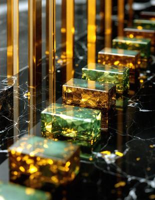 The primary subject of the image is a row of green and gold cubes, which are arranged on a black marble surface. The setting is a black countertop, and the visual style appears to be a combination of photo and digital art. The dominant colors in the image are green and gold, creating a warm and inviting atmosphere.