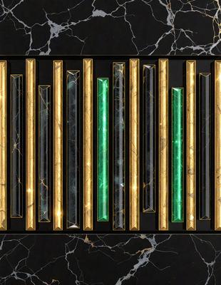 The primary subject of the image is a row of green and gold colored stones. The setting is a black background, which contrasts with the vibrant colors of the stones. The visual style appears to be a close-up of the stones, showcasing their unique patterns and textures. The colors and mood of the image are lively and eye-catching, with the green and gold hues creating a sense of luxury and sophistication.