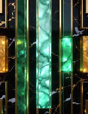 The primary subject of the image is a green marble wall with a gold border. The setting is a room with a black and gold marble wall. The visual style is a combination of digital art and illustration. The dominant colors are green and gold, creating a luxurious and elegant atmosphere.