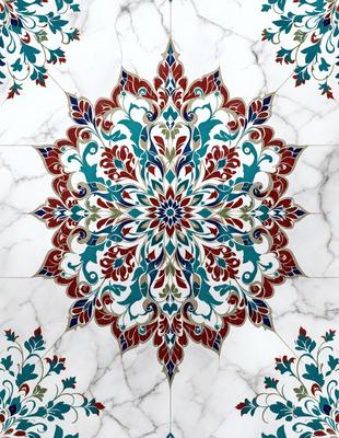 The primary subject of the image is a large, colorful, and intricately designed tile pattern. The setting is a marble floor, and the visual style appears to be a combination of a photo and digital art. The colors and mood of the image are vibrant and lively, with a focus on the blue and red tiles that make up the pattern.