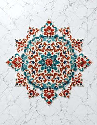The primary subject of the image is a colorful, intricately designed tile or rug, featuring a large, ornate flower pattern. The setting is a white marble surface, which serves as the backdrop for the vibrant and eye-catching design. The visual style of the image is a combination of photo and digital art, as it captures the beauty and detail of the pattern. The dominant colors in the image are red, blue, and green, creating a lively and cheerful atmosphere.