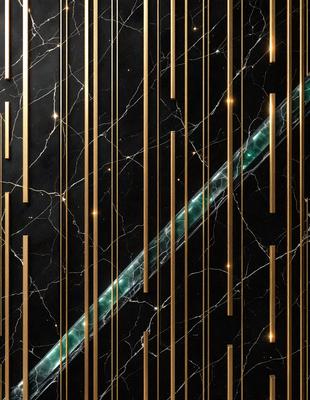 The primary subject of the image is a green line that is stretched across a black and gold marble background. The setting appears to be a modern and luxurious environment, possibly a high-end interior design or a contemporary art piece. The visual style of the image is a combination of digital art and illustration, creating a unique and eye-catching pattern. The colors and mood of the image are predominantly black, gold, and green, giving it a sophisticated and elegant appearance.