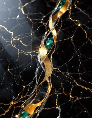 The primary subject of the image is a gold and green spiral design, which is the main focus of the image. The setting is a black background, and the visual style appears to be a combination of digital art and illustration. The dominant colors are gold and green, creating a sense of warmth and freshness.