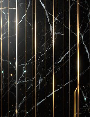 The primary subject of the image is a marble wall with a pattern of gold stripes. The setting is a dark room, and the visual style appears to be a combination of a photo and digital art. The dominant colors are gold and black, creating a luxurious and elegant atmosphere.