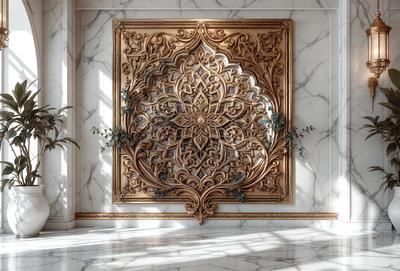 The primary subject of the image is a large, ornate wooden wall hanging with a gold frame. The setting is a room with a marble wall, and the visual style is a combination of a photo and a digital art. The colors and mood of the image are predominantly gold and warm, creating an elegant and luxurious atmosphere.