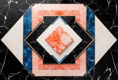 The primary subject of the image is a square plate with a marble design. The plate is placed on a marble table, which is the setting for the scene. The visual style of the image is a combination of photo and digital art, creating a unique and intricate design. The colors and mood of the image are predominantly pink, orange, and blue, giving it a warm and inviting atmosphere.