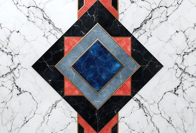 The primary subject of the image is a blue and red square, which is part of a larger design. The setting is a marble surface, and the visual style appears to be a combination of digital art and illustration. The dominant colors are blue and red, creating a bold and vibrant atmosphere.