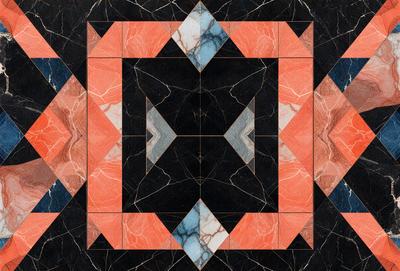 The primary subject of the image is a black and white marble tile pattern. The setting is a black and white marble tile floor, which serves as the background. The visual style is a combination of a photo and digital art, creating a unique and intricate design. The dominant colors are black and white, giving the image a classic and elegant appearance.