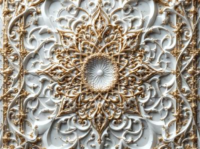 The primary subject of the image is a decorative design featuring a gold sun in the center, surrounded by intricate patterns and shapes. The setting is a white background, which highlights the gold and other colors in the design. The visual style is a combination of digital art and illustration, creating a unique and eye-catching pattern. The colors and mood of the image are warm and inviting, with the gold sun symbolizing warmth and light.