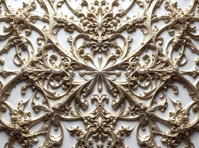 The primary subject of the image is a beautifully designed ornate wall, featuring a large, intricate pattern of gold and white decorations. The setting is a white wall, which provides a clean and elegant backdrop for the elaborate design. The visual style of the image is a combination of photo and digital art, creating a stunning and detailed representation of the ornate wall. The colors and mood of the image are predominantly gold and white, giving it a warm and sophisticated atmosphere.