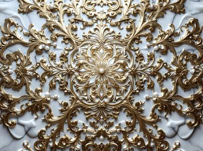 The primary subject of the image is a beautifully designed gold and white wallpaper with intricate patterns. The setting is a white marble wall, which serves as the perfect backdrop for the ornate design. The visual style is a combination of digital art and illustration, creating a stunning and elegant appearance. The colors and mood of the image are predominantly gold and white, giving it a luxurious and sophisticated feel.
