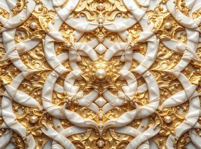 The primary subject of the image is a gold and white patterned wall. The setting is a room with a gold and white decorative wall, which serves as the background. The visual style is a combination of digital art and illustration, creating a unique and intricate design. The dominant colors are gold and white, giving the wall a luxurious and elegant appearance.