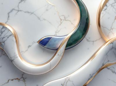 The primary subject of the image is a white marble table with a blue and gold design. The table is adorned with a blue and gold swirl pattern, giving it a luxurious and elegant appearance. The setting is a white marble surface, which complements the table's design. The visual style of the image is a combination of digital art and illustration, creating a unique and eye-catching piece of art. The colors and mood of the image are predominantly white and gold, with the blue acc