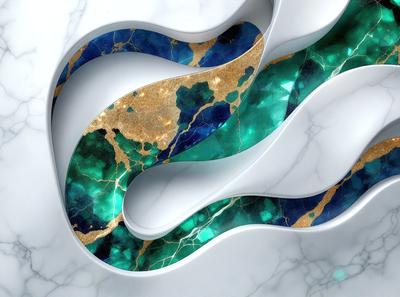 The primary subject of the image is a large, curved, and intricate design made of blue and gold colors. The design appears to be a combination of a snake and a spiral, with the blue and gold colors creating a visually striking pattern. The setting is a white marble surface, which provides a clean and elegant backdrop for the design. The visual style of the image is a combination of digital art and illustration, creating a unique and eye-catching pattern. The colors and mood of the image are v