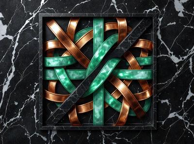The primary subject of the image is a green and gold knot design. The knot is made up of intertwining lines and is displayed on a black and white marble surface. The setting appears to be a modern art piece, possibly a sculpture or a decorative piece. The visual style of the image is a combination of digital art and illustration, creating a unique and intricate design. The colors and mood of the image are predominantly black and white, with the green and gold knot adding a touch of warm