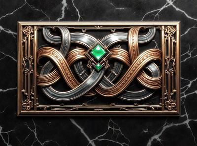 The primary subject of the image is a decorative metal piece featuring a design with a green gemstone. The setting is a black marble surface, which serves as the background. The visual style is a combination of digital art and illustration, creating a unique and intricate design. The dominant colors are black and gold, with the green gemstone adding a touch of vibrancy to the overall atmosphere.