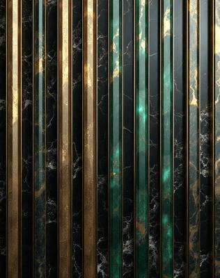 The primary subject of the image is a marble wall with a gold border. The setting is a black and gold marble wall, which creates a luxurious and elegant atmosphere. The visual style is a combination of digital art and illustration, giving the image a unique and artistic appearance. The colors and mood are predominantly black and gold, with a touch of green, creating a sophisticated and timeless ambiance.