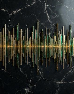 The primary subject of the image is a large, intricate, and colorful sound wave design. The setting is a black marble surface, which serves as the backdrop for the sound wave pattern. The visual style of the image is a combination of digital art and illustration, creating a unique and eye-catching design. The dominant colors in the image are green and gold, giving the sound wave a vibrant and lively appearance.