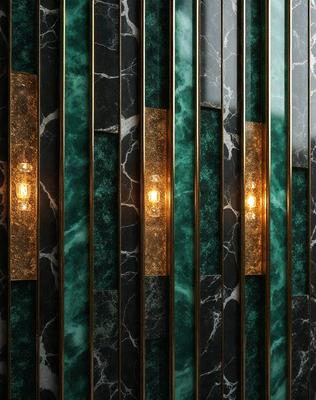 The primary subject of the image is a green marble wall with a row of lights on it. The setting is a room with a green marble wall, and the visual style is a photo. The dominant colors are green and black, creating a modern and sophisticated atmosphere.