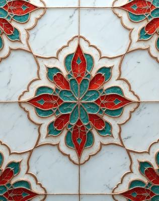 The primary subject of the image is a beautifully designed tile with a flower pattern. The setting is a marble surface, and the visual style is a combination of photo and digital art. The dominant colors are red, green, and blue, creating a vibrant and lively atmosphere.
